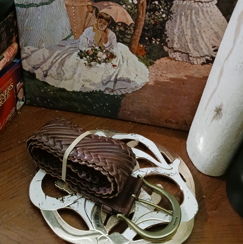 Linea Pelle brown woven wide belt leather Size Small,3" Brass Buckle,Nic… - Picture 3 of 12